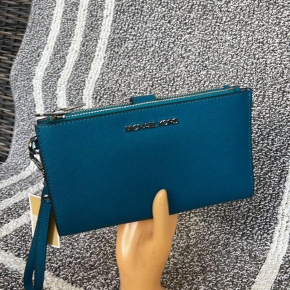 Michael Kors Large Double Zip Leather Wallet Wristlet Phone Case Lagoon - Picture 4 of 16